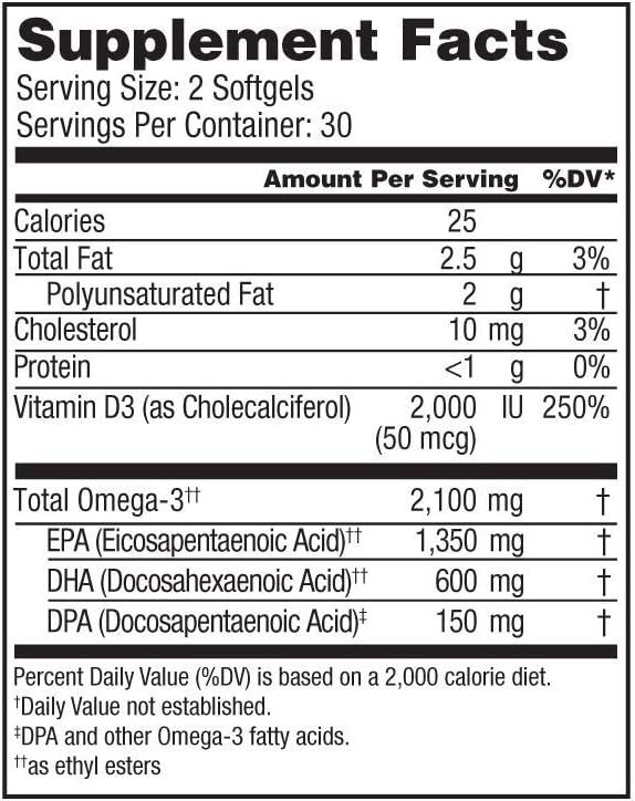 Oceanblue Professional Omega-3 2100 – 120 ct – Triple Strength Burpless Fish Oil Supplement with High-Potency EPA, DHA, DPA and Vitamin D3 – Wild-Caught – Vanilla Flavor (60 Servings)