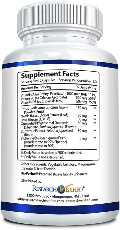 Research Verified Lung and Respiration - Seasonal Allergy and Sinus Support - Vitamin A, C & D, Quercetin, Nettle Leaf Extract - 60 Capsules - Made in The USA