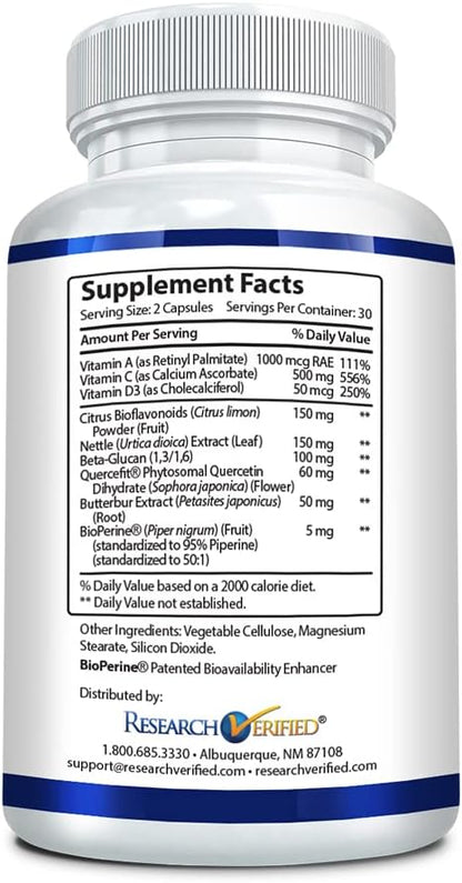 Research Verified Lung and Respiration - Seasonal Allergy and Sinus Support - Vitamin A, C & D, Quercetin, Nettle Leaf Extract - 60 Capsules - Made in The USA