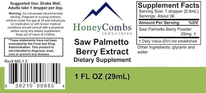 HoneyCombs Saw Palmetto Extract – Herbal Supplement Supports Urinary Tract and Reproductive Health for Men and Women – Alcohol-Free, Cold Pressed Saw Palmetto Liquid Extract, 1 Fl Oz