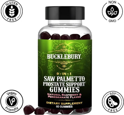 9-in-1 Saw Palmetto Gummies for Prostate and Urinary Support - Natural Raspberry and Pomegranate Flavour Plant-Based Dietary Supplement for Bladder Emptying and Hair Loss - 60 Gummies