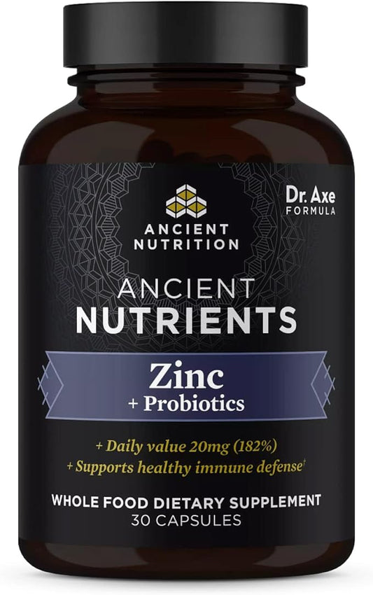 Probiotics and Zinc Supplement by Ancient Nutrition, Supports Healthy Immune System and Gut Health, Made without GMOs, Superfoods Supplement, Paleo and Keto Friendly, 30 Count