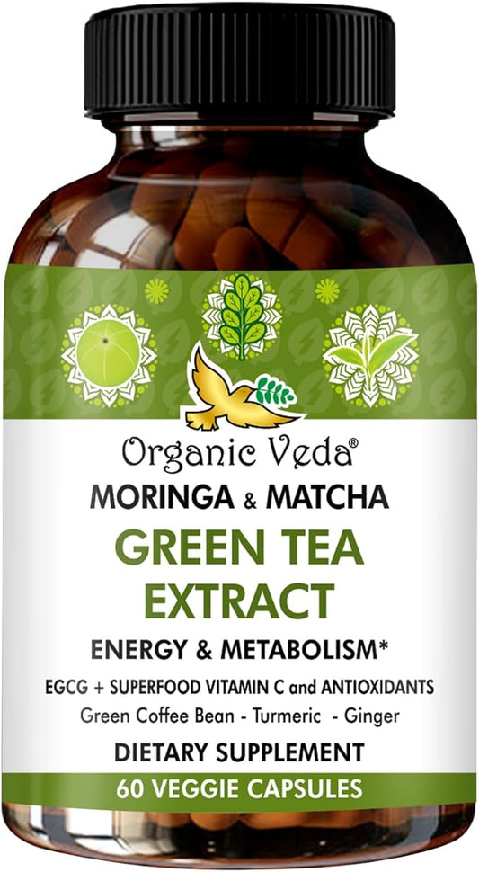 Organic Veda Moringa & Matcha Green Tea Extract Supplement with ECGC, Vitamin C & Antioxidant - Energy Boost & Metabolism Support Moringa Capsules with Green Coffee Bean, Turmeric & Ginger - 60 Count