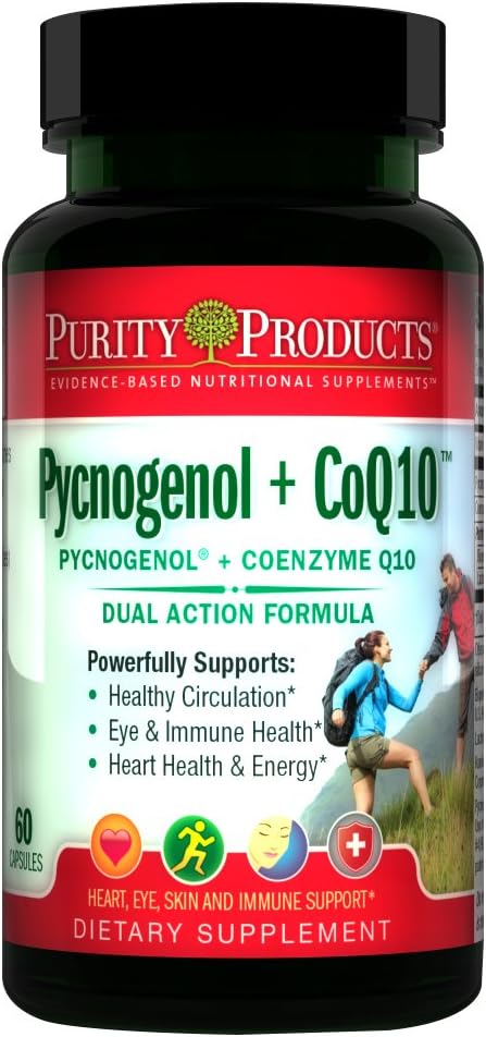 Purity Products Pycnogenol + CoQ10 Super Formula USA-Made Kaneka Q10 - Supports Heart + Circulatory Health, Healthy Brain and Immune Function - Helps Maintain Healthy Eyes and Skin - 60 Capsules