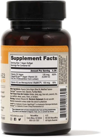 NatureWise Vitamin D3 + K2 with Plant Based Vitamin D3 5000IU & 100mcg Vitamin K2 as MK-7 - Max Absorption - Vegan Non-GMO - Immune Support - with Extra Virgin Olive Oil - 60 Softgels[2-Month Supply]