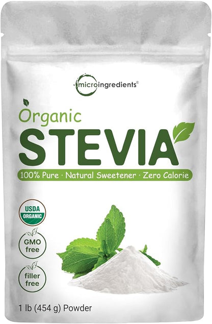 Pure Organic Stevia Powder, 1 Pound (2,837 Servings), Highest Grade Stevia Green Leaf Extract Reb-A | Reduced Bitter Aftertaste | 0 Calorie, Natural Sweetener, Sugar Alternative, Keto Friendly