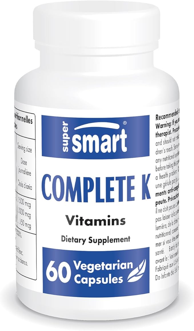 Supersmart - Complete K - with K1, K2 (MK4 + MK7) - Full Spectrum Vitamin K Supplement | Non-GMO & Gluten Free - 60 Vegetarian Capsules