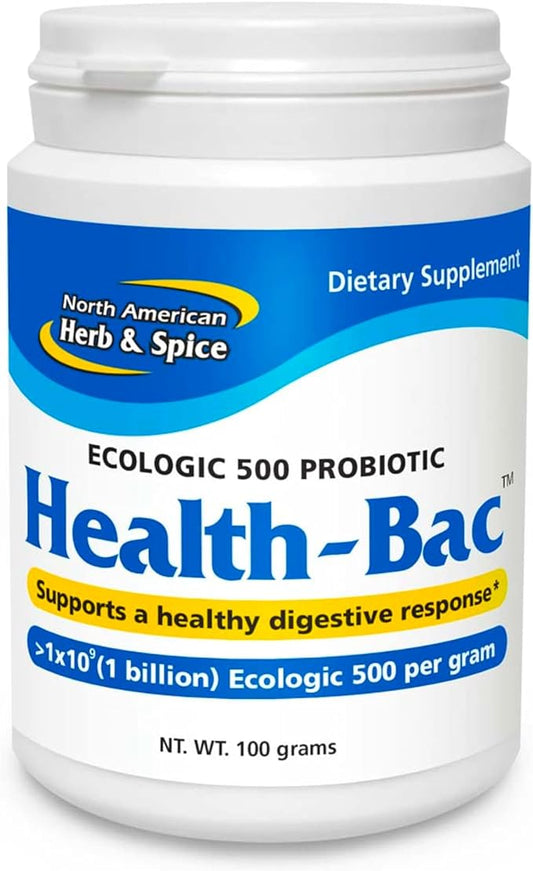 NORTH AMERICAN HERB & SPICE Health-Bac - 100 Grams - Clinically Tested, Ecologic 500 Probiotic - Healthy Digestive Response - Non-GMO, Gluten Free, Soy Free - About 33 Servings