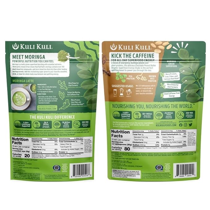 Kuli Kuli Moringa Oleifera Organic Leaf Powder & Green Smoothie, 100% Pure USDA Certified & Non-GMO Moringa Powder, Great with Smoothies, Tea, and Food, Combo Pack