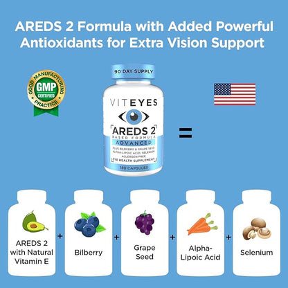 Viteyes AREDS 2 Advanced Eye Vitamins, Macular Support with Bilberry, grapeseed, FLORAGLO Lutein, Selenium, Natural Vitamin E, Allergen Free, Vision Protection, Eye Doctor Trusted, 180 Count