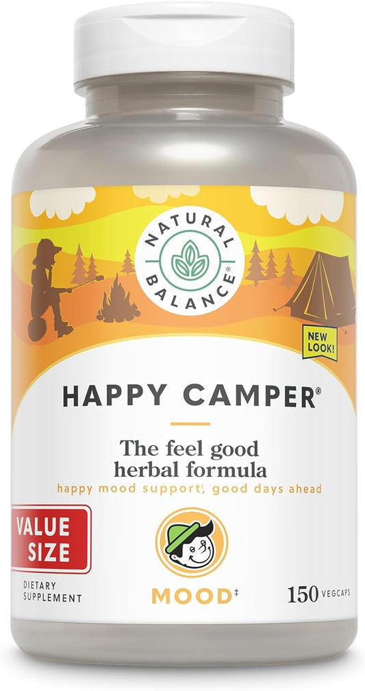 Natural Balance Happy Camper - Feel-Good Mood Support Supplement - Gotu Kola, Passion Flower, and Kava Kava Capsules - 60-Day Guarantee - 75 Servings, 150 VegCaps