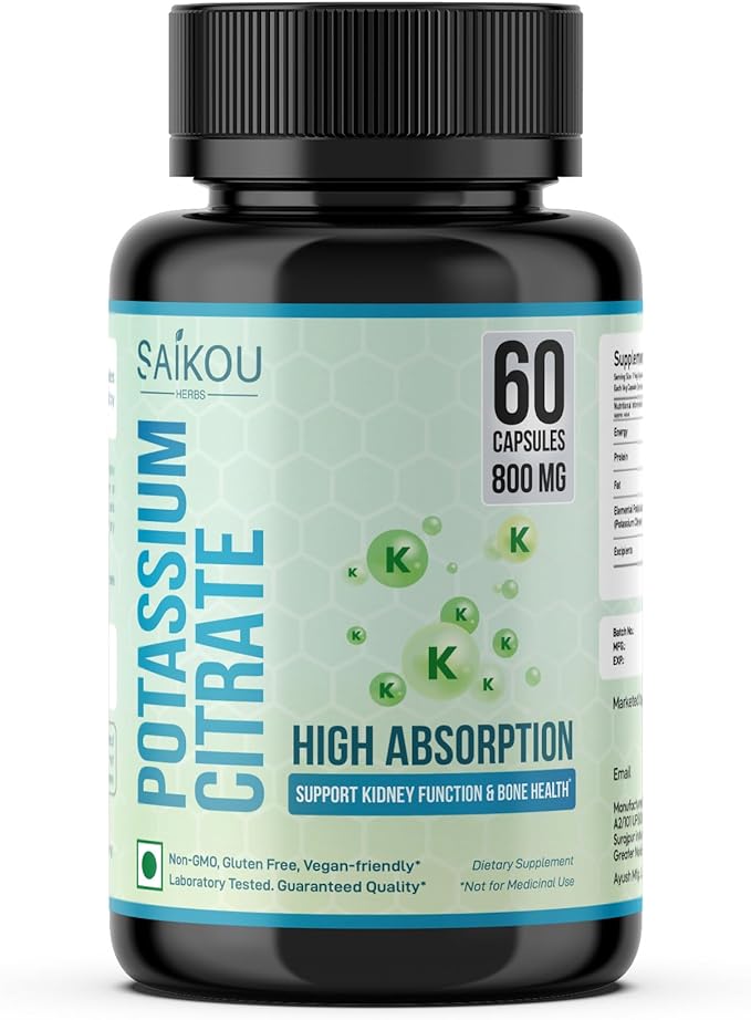 Potassium Citrate 800 mg High Absorption - 60 Servings Supports Electrolyte Balance, Kidney and Bone Health