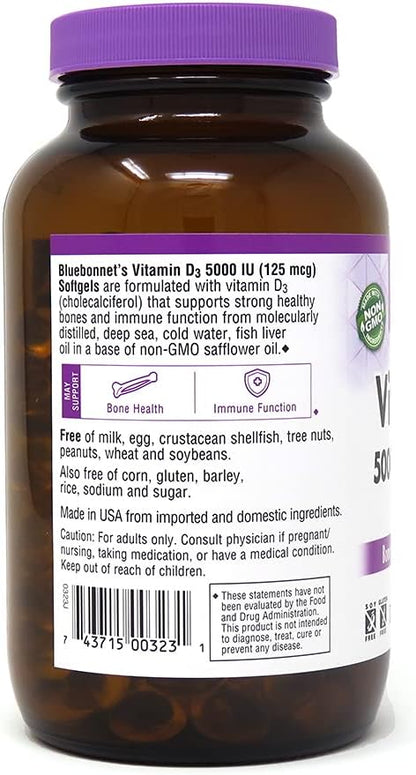 Bluebonnet Nutrition Vitamin D3 5000 IU Softgels, Aids in Muscle and Skeletal Growth, Cholecalciferol from Fish Oil, Non GMO, Gluten Free, Soy Free, Dairy Free, Yellow, 250 Softgels