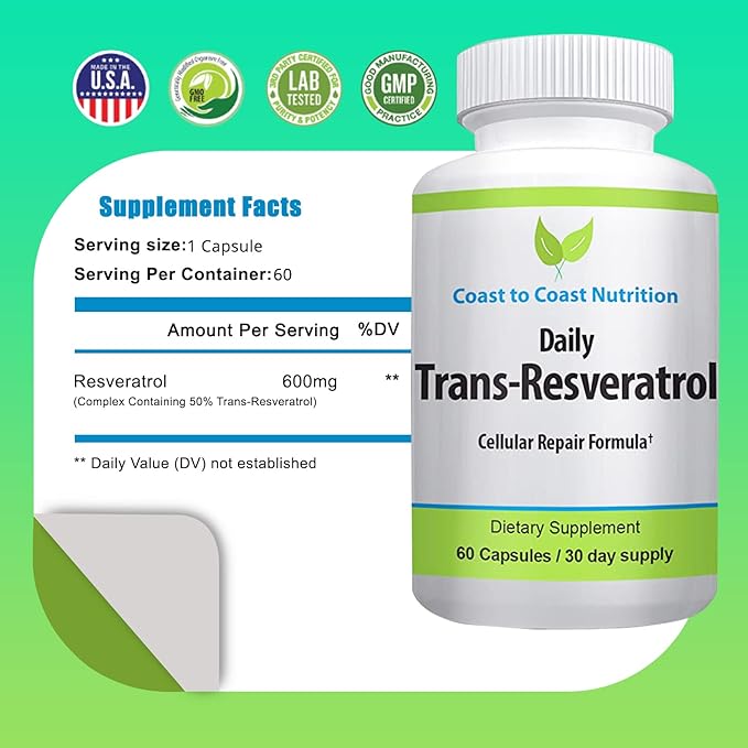 Trans Resveratrol Supplement - Organic Capsules - Supplements for Women and Men, Natural Antioxidant, Polyphenols Supplement - 60 Capsules, 600mg, 30 Day Supply