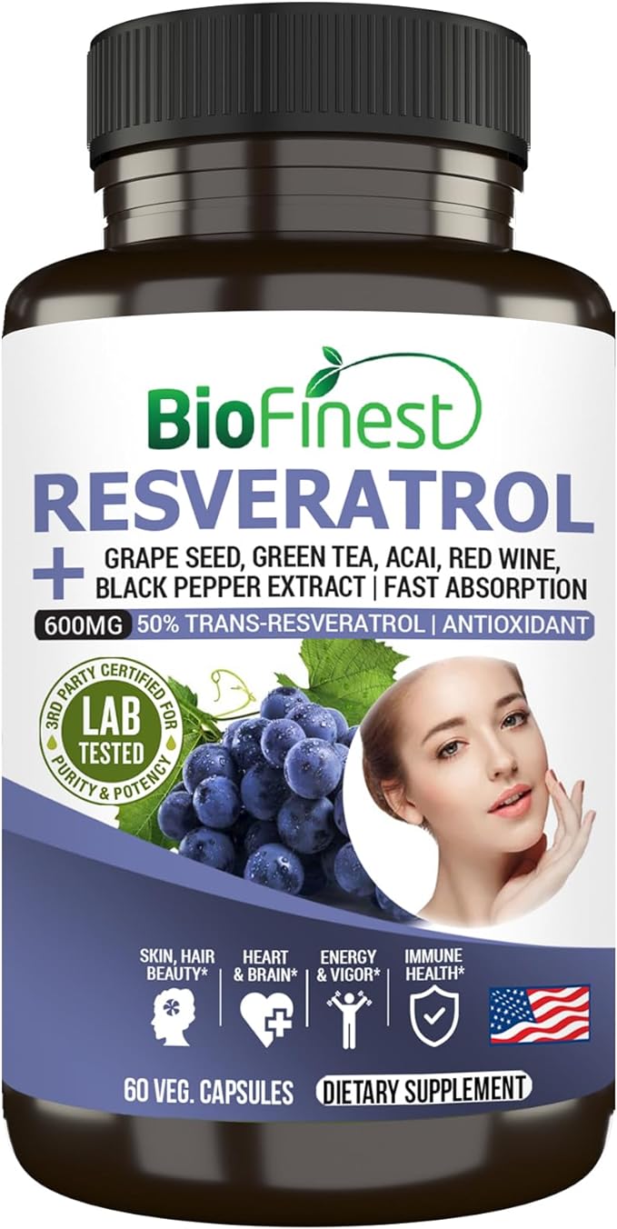 Resveratrol 1200mg Supplement - 50% Trans Resveratrol Antioxidant - Acai Berry Grape Seed Green Tea Black Pepper Red Wine Extract - Skin Beauty Brain Heart - Made in USA (60 Veg. Capsules)