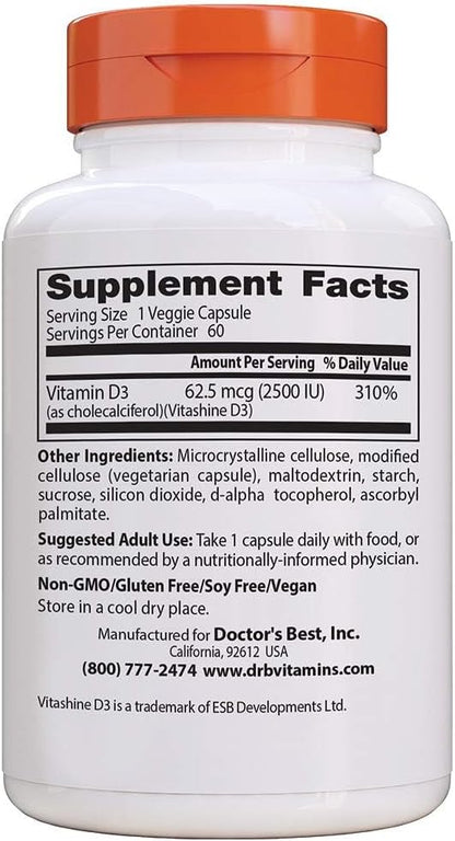 Doctor's Best Vitamin D3 2500IU with Vitashine D3, Non-GMO, Vegan, Gluten & Soy Free, Regulates Immune Function, Supports Healthy Bones, 60 Count