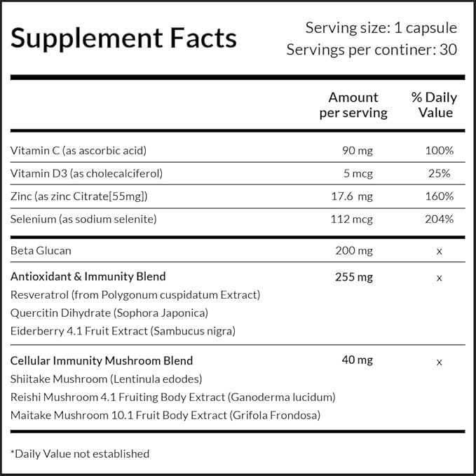 Immune Support Supplement | Featuring Beta-glucan, Resveratrol, Quercetin, Elderberry, Advanced Mushroom Complex + Zinc, Selenium, and Vitamins C and D3 (60)