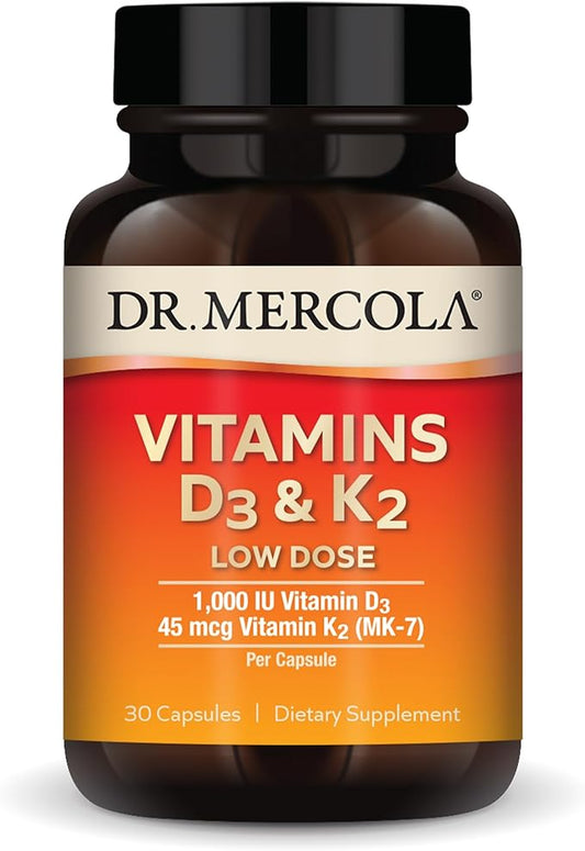 Dr. Mercola Vitamins D3 & K2 Low Dose, 30 Servings (30 Capsules), 1,000 IU Vitamin D3 & 45 mcg Vitamin K2 (MK-7) Per Capsule, Dietary Supplement, Supports Healthy Immune Function, Non-GMO