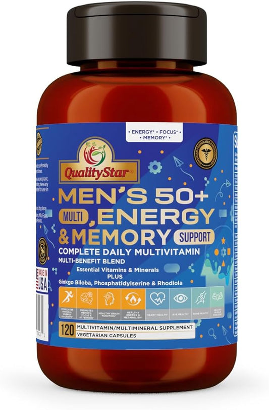 Men’s MultiVitamins 50 Plus - Ginkgo Biloba, Phosphatidylserine, Rhodiola - Complete Daily Multivitamin with General Health, Energy, and Memory Support - 120 Capsules for 90-Day Supply