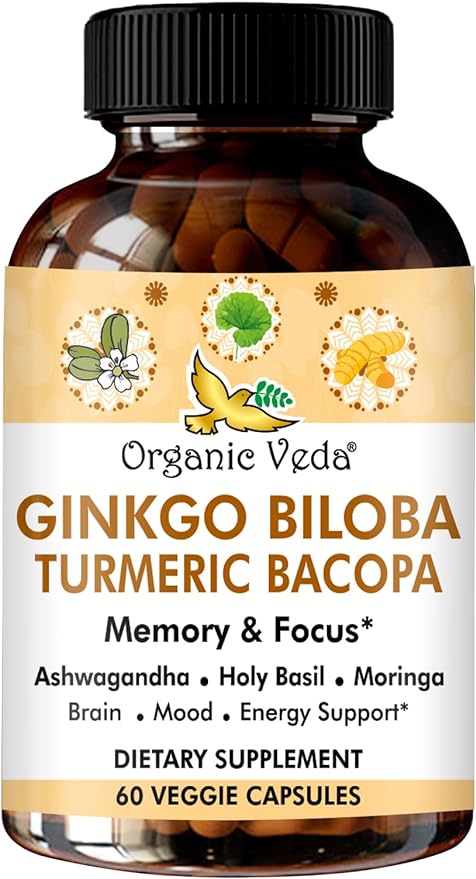 Organic Veda Ginkgo Biloba Turmeric Bacopa Brain Supplements for Memory & Focus - Ginkgo Biloba Brain Booster Supplement with Ashwagandha, Holy Basil, Moringa - Improves Energy Level - 60 Capsules