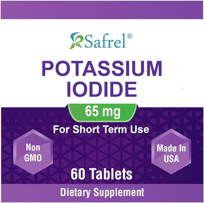 Safrel Potassium Iodide 65 mg Tablets, Adults and Kids | Thyroid Support | Made in USA | Non-GMO Verified | Ki Pills Potassium Iodine Tablets - YODO Naciente (60 Count (Pack of 1))