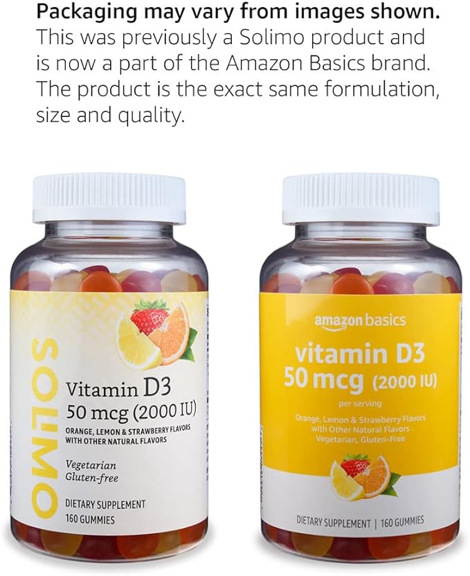 Amazon Basics Vitamin D3 2000 IU Gummies, Orange, Lemon & Strawberry, 160 Count (2 per Serving) (Previously Solimo)