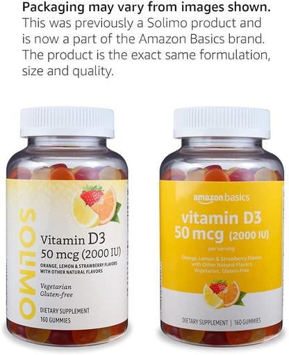 Amazon Basics Vitamin D3 2000 IU Gummies, Orange, Lemon & Strawberry, 160 Count (2 per Serving) (Previously Solimo)