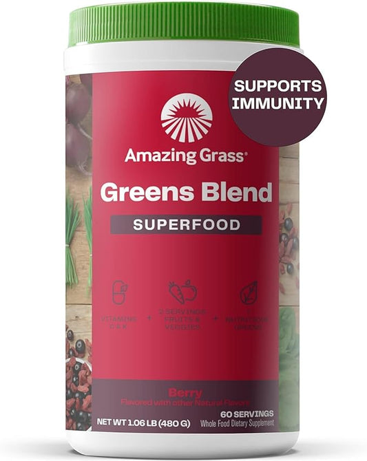 Amazing Grass Greens Superfood Powder: Greens Powder with Digestive Enzymes & Probiotics, Organic Spirulina, Chlorella, and Beet Root Powder, Berry, 60 Servings