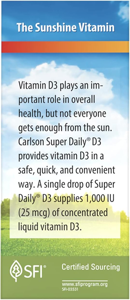 Carlson - Super Daily D3, Vitamin D Drops, 1,000 IU (25 mcg) per Drop, 1-Year Supply, Vitamin D3 Liquid, Heart & Immune Health, Vegetarian, Liquid Vitamin D3 Drops, Unflavored, 365 Drops