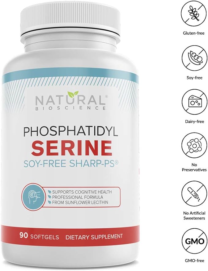 Soy Free Phosphatidylserine 100mg - Phosphatidylserine Supplement from Sunflower Lecithin, Patented Sharp PS100, Brain Health, Memory Aid, Cortisol Control, Mental Sharpness, Non GMO, 90 Softgels