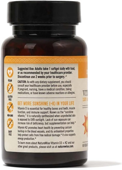 NatureWise Vitamin D3 + K2 with Plant Based Vitamin D3 5000IU & 100mcg Vitamin K2 as MK-7 - Max Absorption - Vegan Non-GMO - Immune Support - with Extra Virgin Olive Oil - 60 Softgels[2-Month Supply]