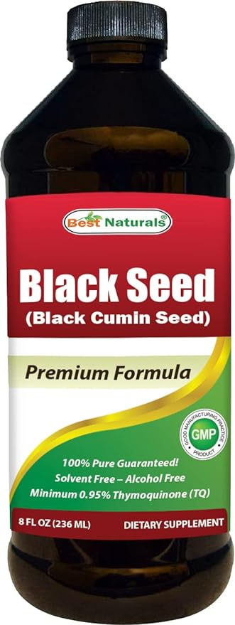 Best Naturals Black Seed Oil - Minimum 0.95% Thymoquinone (TQ) - Cold Pressed Nigella Sativa Aids in Digestive Health, Immune Support, Brain Function, Joint Mobility, Gluten Free, Non GMO - 8 OZ