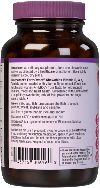 Bluebonnet Nutrition Vitamin D3 & K2 EarthSweet Chewable Tablets, for Immune, Mood & Heart Health*, Soy-Free, Gluten-Free, Non-GMO, Kosher Dairy, 60 Raspberry Flavor Chewable Tablets, 60 Servings