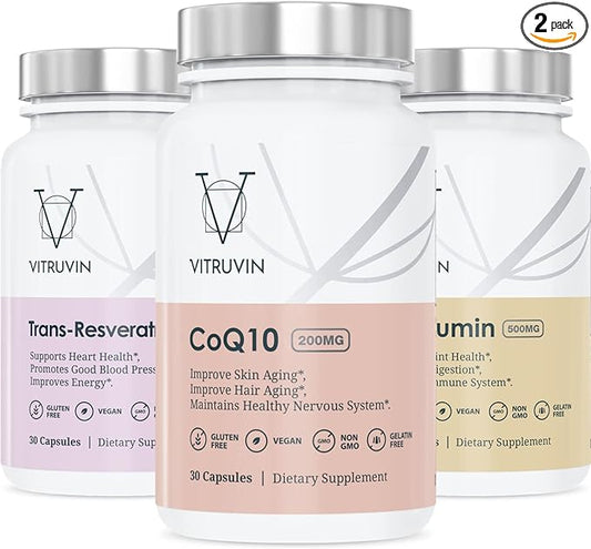 Vitruvin Beauty + Comfort Pack COQ10 200mg + Trans- Resveratrol 500mg + Curcumin 500mg, Vegan, Non-GMO, Gluten-Free, Gelatin-Free. Healthy Skin, Hear, Joints and Brain