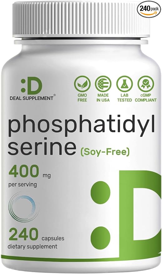 Phosphatidylserine Supplement, 400mg Per Serving, 240 Capsules – Soy Free Sunflower Lecithin Source – Retains 20% Active PS – Nootropic Brain Health Support – GMO Free