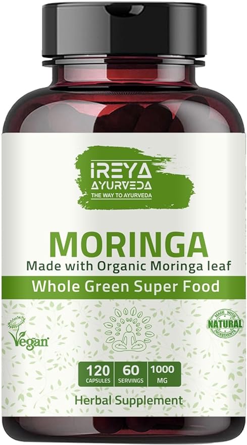 Organic Moringa Capsule 1000 mg (120 Capsules), Moringa Capsules Made from Organic Raw Dried Moringa Leaf Powder | Non-GMO Whole Green Super Food Nutrition 60 Days Supply