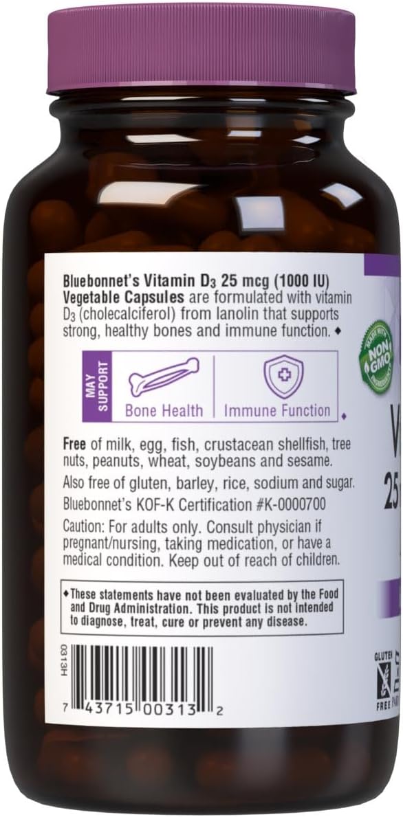 Bluebonnet Vitamin D3 1000 IU Vegetable Capsules, 180 Count