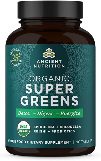 Ancient Nutrition Super Greens with Probiotics, Organic Superfood Tablets Made from Spirulina, Chlorella, Moringa, and a Resilient Probiotic, 30 Servings, 90 Count