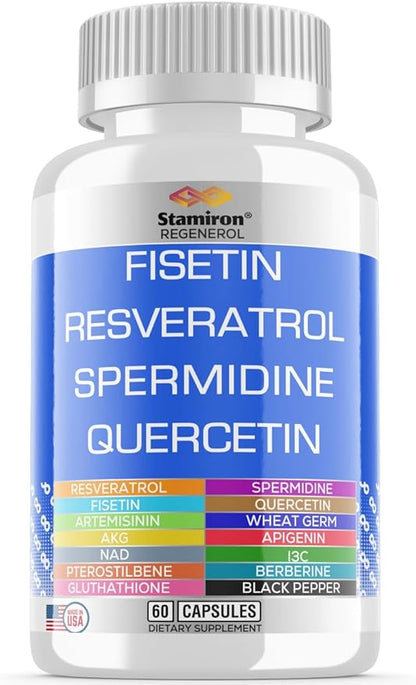 Fisetin 2500mg Resveratrol 1000mg Spermidine Wheat Germ 1000mg Quercetin 1000mg Supplement with Collagen, Glutathione, Berberine, NAD, Rhodiola, AKG, Apigenin, I3C Turmeric - Made in USA