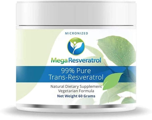 Mega Resveratrol Powder, Pharmaceutical Grade, 99% Pure Micronized Trans-Resveratrol, 60 Grams Powder, Purity Certified. Excipients Free.