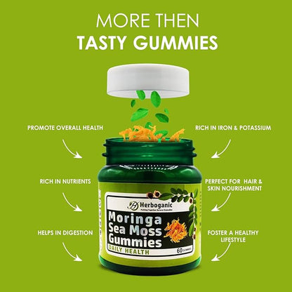 Moringa Sea Moss Gummies - Amazing Superfood Green Supplement with Fiber, Immune Support, and Moringa Leaf Powder Extract - Supplement 60 Count.