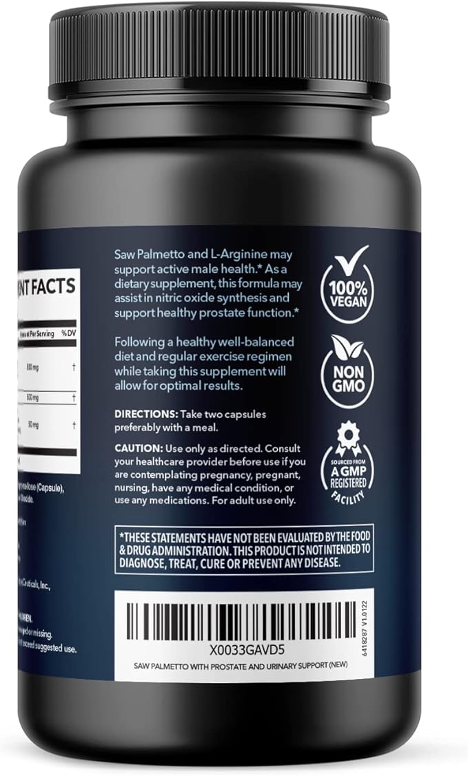 Saw Palmetto for Men with L Arginine Supplement | Hair Health & Male Health Support | L-Arginine Saw Palmetto Supplement with S7 Plant-Based Ingredients | Performance & Endurance | 60 Male Pills