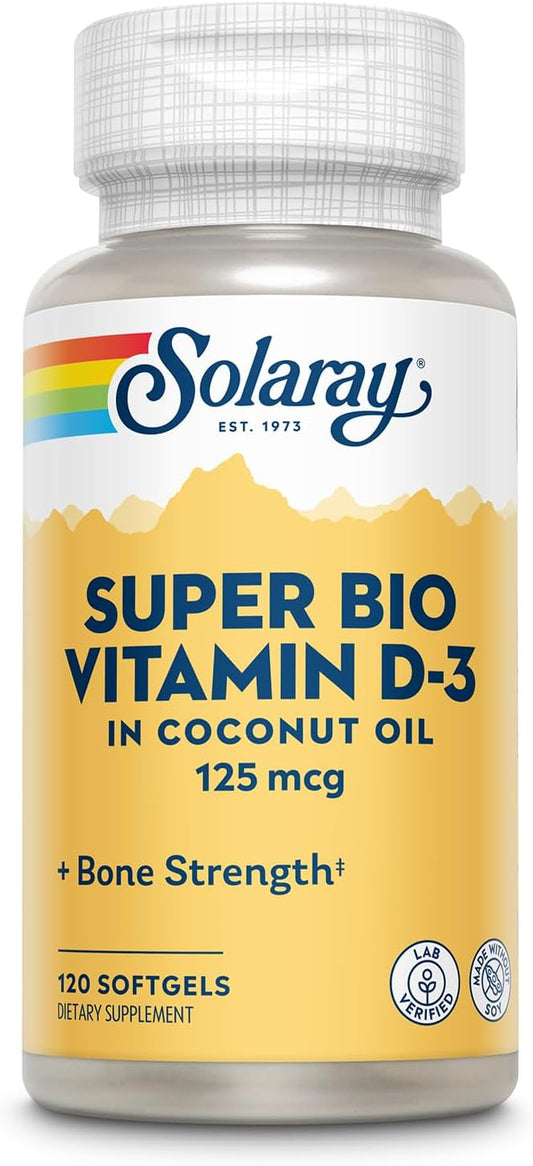 SOLARAY Super Bio Vitamin D3 in Coconut Oil - D3 Vitamin 5000 IU - Bone Health and Immune Support Supplement - Lab Verified, Made Wtihout Soy, 60-Day Guarantee - 120 Softgels, 120 Servings