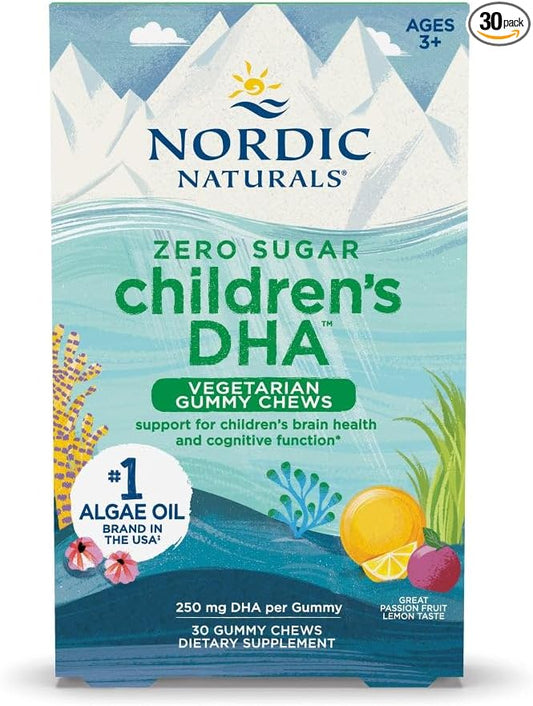 Nordic Naturals Zero Sugar Children’s DHA Vegetarian Gummy Chews - Passion Fruit Lemon Flavor - 30 Gummies - Vegan Algae Oil Omega-3 Supplement for Kids Brain & Cognition Support - 30 Servings