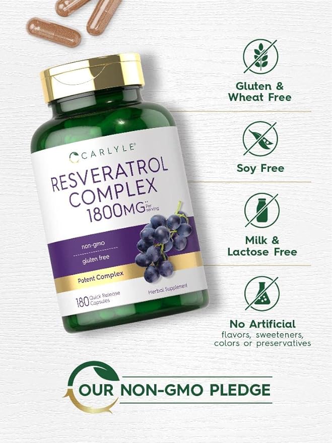 Carlyle Resveratrol Supplement 1800mg | 180 Capsules | Non-GMO & Gluten Free | Potent Complex