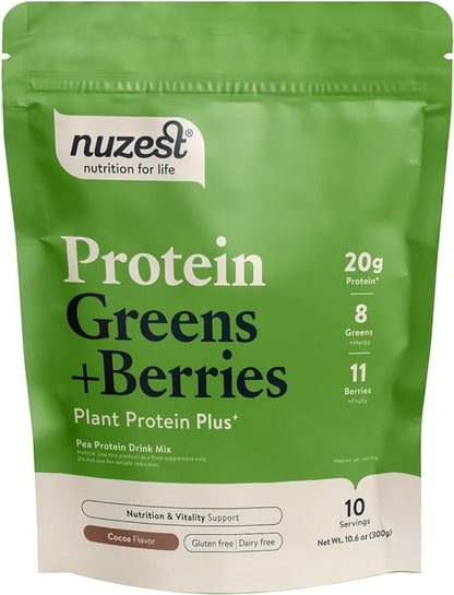 Nuzest – Protein Greens + Berries – Superfood Powder – Plant Protein Blend - 300g / 10.6 oz Pouch (10 Servings) (Cocoa, 300g)