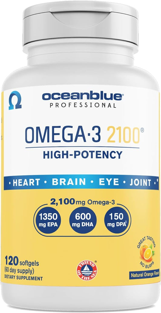 Oceanblue Professional Omega-3 2100-120 Count - High-Potency Triple Strength Burpless Fish Oil with EPA, DHA & DPA - Wild Caught - Orange Flavor, 60 Servings