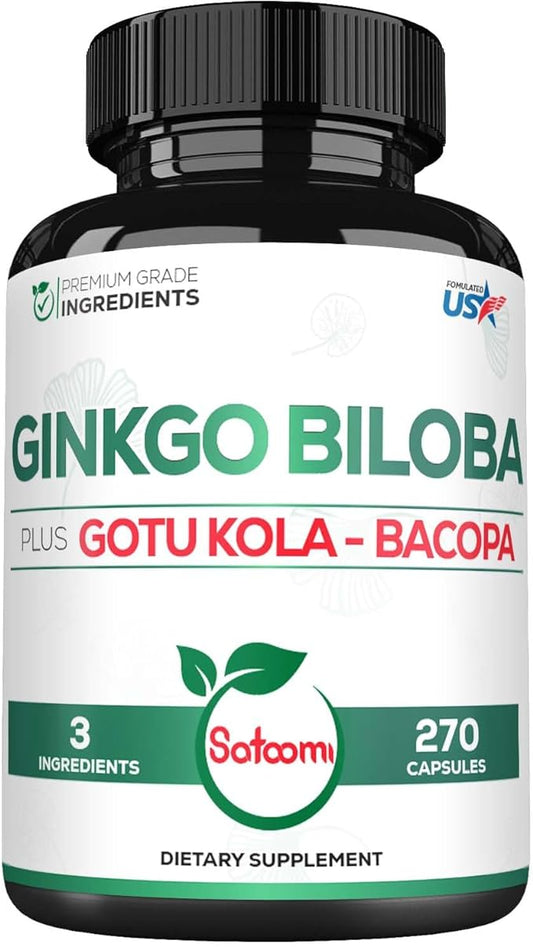 1520mg Ginkgo Biloba Supplements with Gotu Kola Leaf, Bacopa Monnieri - 270 Capsules - Extra Strength Support for Brain Health, Memory Function, Focus & Vision Quality - 3 Month Supply