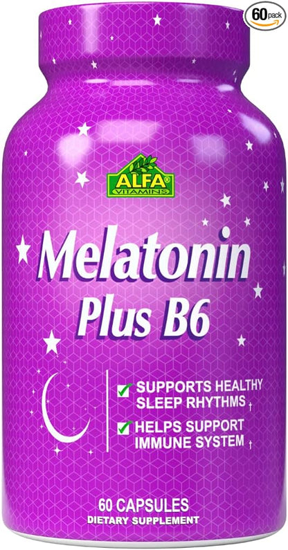 ALFA VITAMINS Melatonin Plus B-6 Supplement with 5MG Sleep Cycle Regulator - Cardiovascular Health - Immune System - 60 Capsules