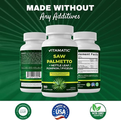 Vitamatic Saw Palmetto Extract for Men & Women 180 Veg Capsules - Made with Pumpkin Seed, Pygeum, Nettle Leaf - Made in The USA - Promotes Healthy Prostate Function